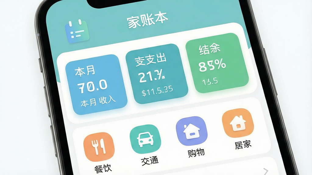 一张干净明亮的手机屏幕截图,画面中央展示“家账本”应用主界面,界面顶部有“家账本”文字标识,中间显示本月收入、支出和结余的彩色卡片,下方排列着餐饮、交通、购物、居家等分类图标,整体布局简洁清晰,风格为现代扁平化设计,配色以柔和的蓝绿色和白色为主,细节包括圆角卡片、简洁图标、清晰数字,画质高清,画面干净,无多余元素