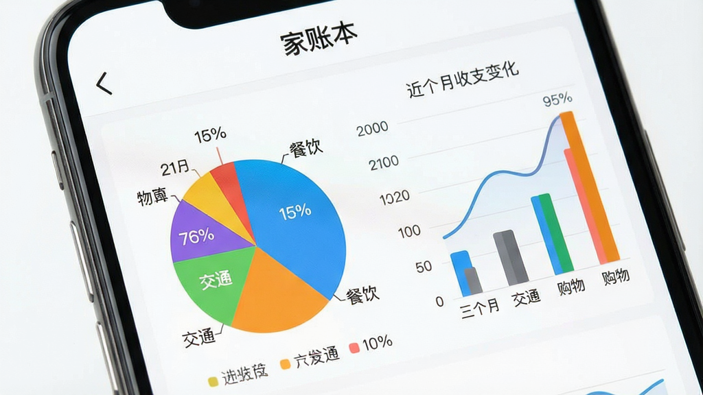 一张手机屏幕特写,显示“家账本”的统计图表页面,画面中有彩色的饼状图和柱状图,饼图分块标注着餐饮、交通、购物等分类名称和百分比,柱状图展示近六个月收支变化,布局清晰有序,风格为数据可视化设计,细节包括图例、数值标签、平滑的图表曲线,画质高清,画面干净,无多余元素