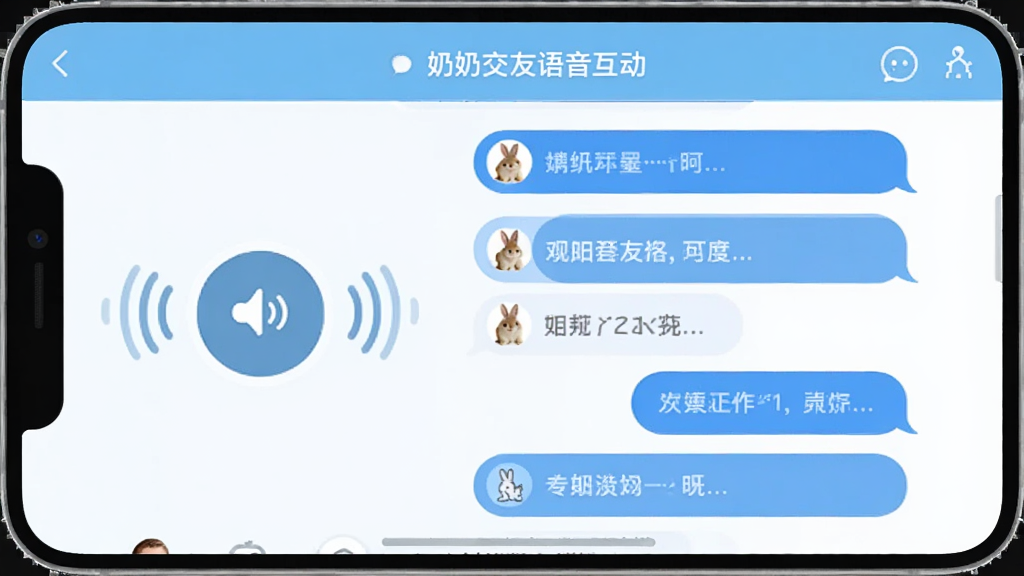 一张展示奶兔交友语音互动功能的界面截图,画面中有一个圆形的语音录制按钮和声波波纹动画,旁边排列着几条语音消息气泡,背景是浅蓝色与白色搭配的聊天界面,风格简洁明快,画质清晰,无多余元素,突出社交聊天的真实感