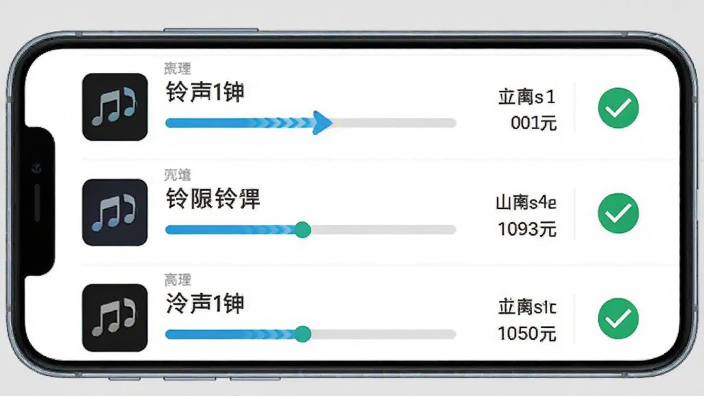 一张展示铃声免费下App下载管理界面的图片。主体是手机屏幕,屏幕上显示下载列表,每条记录包含铃声名称、下载进度条、文件大小和状态图标。布局为手机正面,背景为浅灰色,风格简约,细节包括进度条动画效果、下载完成打勾图标,画质清晰,干净,无多余元素。
