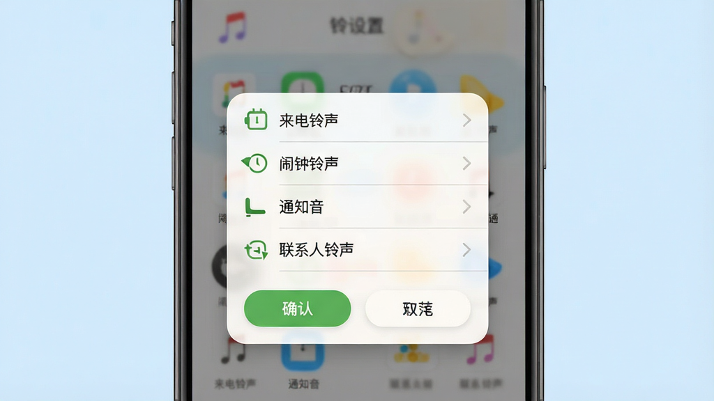 一张展示铃声免费下App铃声设置界面的图片。主体是手机屏幕,屏幕上显示一个铃声设置弹窗,选项包括来电铃声、闹钟铃声、通知音、联系人铃声,下方有确认和取消按钮。布局为手机居中,背景为淡蓝色,风格友好,细节包括弹窗阴影、按钮圆角,画质清晰,干净,无多余元素。