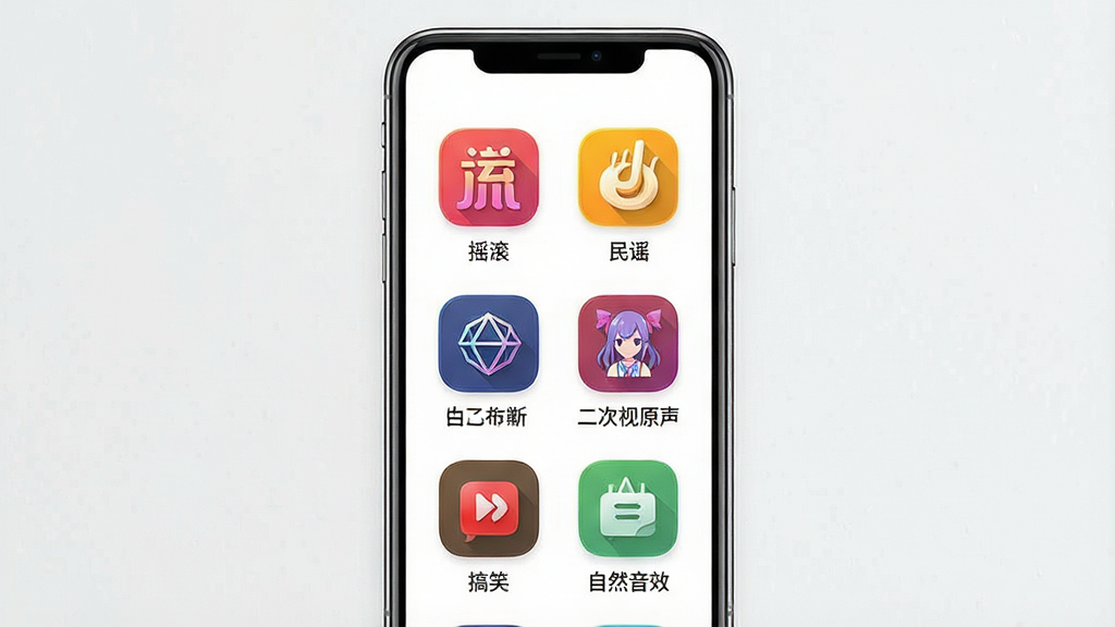 一张展示铃声免费下App分类页面的图片。主体是手机屏幕,屏幕上呈现网格状分类图标,包括流行、摇滚、民谣、古典、电子、二次元、影视原声、搞笑、自然音效等,每个分类配有一个彩色图标和名称。布局为手机居中,背景为白色,风格清新明快,细节包括分类图标的设计感、文字清晰,画质高清,干净,无多余元素。
