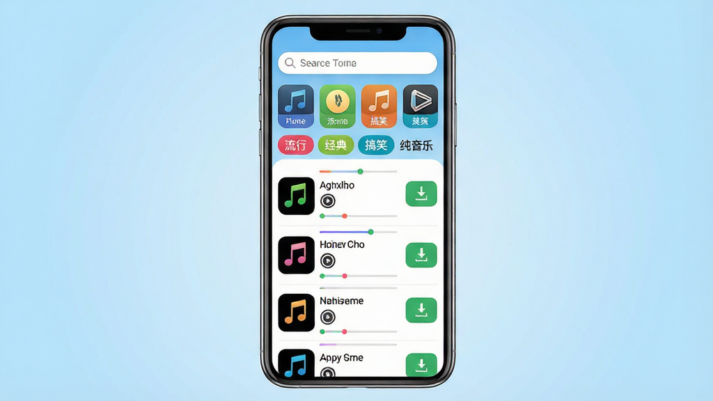 一张展示手机铃声下载应用界面的图片。主体是一部智能手机,屏幕上显示着铃声免费下App的主页,页面顶部有搜索框,中间是分类标签如流行、经典、搞笑、纯音乐等,下方排列着多条铃声列表,每条包含铃声名称、试听按钮和下载按钮。布局为手机正面居中放置,背景为浅蓝色渐变,风格简洁现代,细节包括App图标、彩色分类标签、播放进度条,画质清晰,干净,无多余元素。