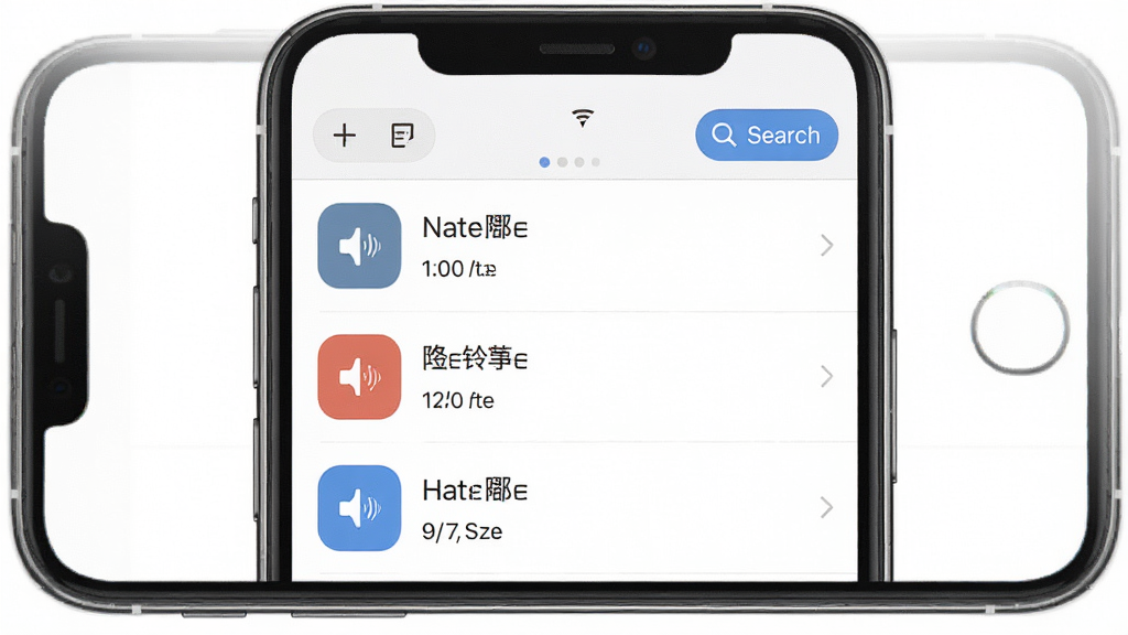 一张展示铃声免费下App本地管理界面的图片。主体是手机屏幕,屏幕上显示本地铃声列表,每条包含铃声图标、名称、时长、文件大小,顶部有排序和搜索按钮。布局为手机正面,背景为白色,风格整洁,细节包括列表分割线、图标设计,画质高清,干净,无多余元素。