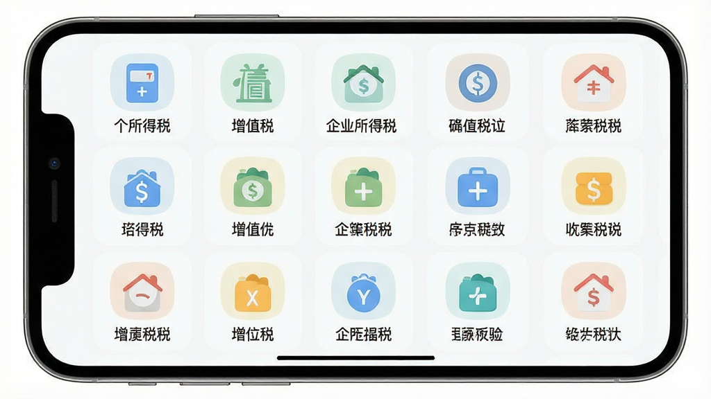 一张展示计算器税算助手多税种选择界面的图片,主体为手机应用界面,布局为网格状排列的税种图标,每个图标下方标注税种名称,排版整齐,风格为清新浅色系,细节包括个人所得税、增值税、企业所得税等标签,画质高清,干净,无多余元素