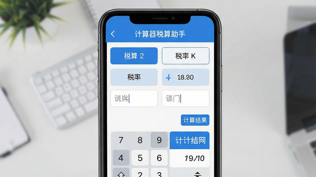 一张展示计算器税算助手软件界面的预览图,主体为手机屏幕中显示税务计算器应用的主界面,布局为顶部标题栏写着“计算器税算助手”,中部有多个税种选择按钮和输入框,底部有计算结果展示区域,排版简洁清晰,风格为现代扁平化设计,细节包括数字键盘图标、税率标签、蓝色主色调,画质高清,干净,无多余元素