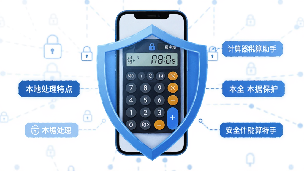 一张展示计算器税算助手隐私安全本地化特点的示意图,主体为手机与盾牌图标组合,布局为盾牌居中,手机屏幕显示计算器界面,排版对称,风格为科技蓝调,细节包括锁形图标、本地处理标签、数据保护字样,画质高清,干净,无多余元素