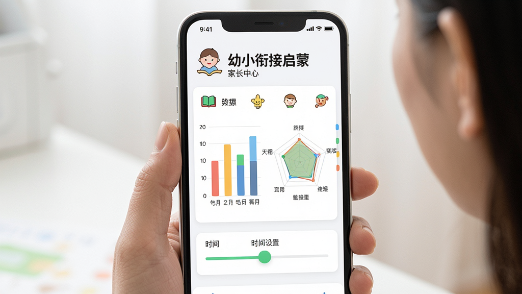 一张展示幼小衔接启蒙家长中心界面的预览图,画面中一位家长正在查看手机上的学习报告图表,图表包括柱状图和雷达图,旁边有