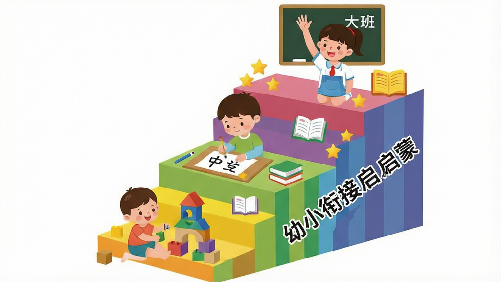 一张展示幼小衔接启蒙分龄课程体系的示意图,画面分为三层阶梯,底层是幼儿玩耍积木代表小班,中层是儿童书写拼音代表中班,顶层是小学生举手回答问题代表大班,阶梯侧面标注