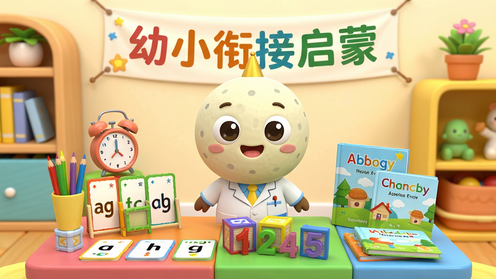 一张展示幼小衔接启蒙软件主界面的预览图,画面中央是软件吉祥物小月亮博士站在彩色书桌前,书桌上整齐摆放拼音卡片、数字积木和英语绘本,背景是温馨的儿童书房,墙面挂着