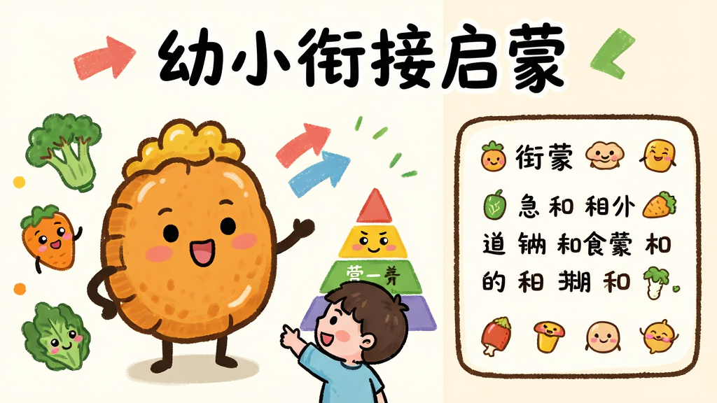 一张展示幼小衔接启蒙食物趣味科普模块的预览图,画面中央是一块卡通鸡排角色正在向小朋友自我介绍,旁边有蔬菜朋友和营养金字塔图表,上方标注
