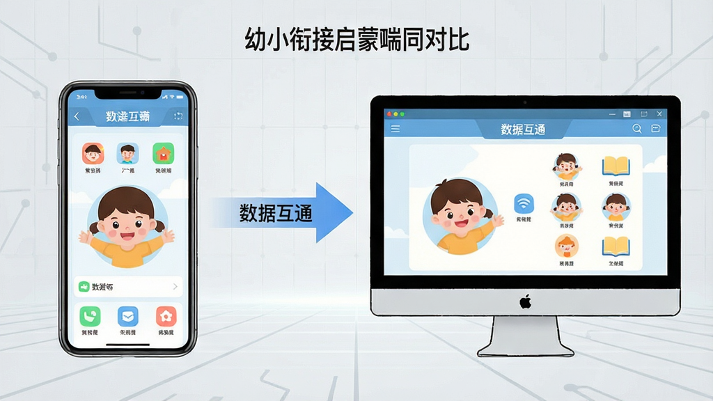 一张展示幼小衔接启蒙在手机端和电脑端同时运行的对比图,画面左侧是手机竖屏显示儿童学习界面,右侧是电脑模拟器横屏显示相同界面,中间用箭头连接标注