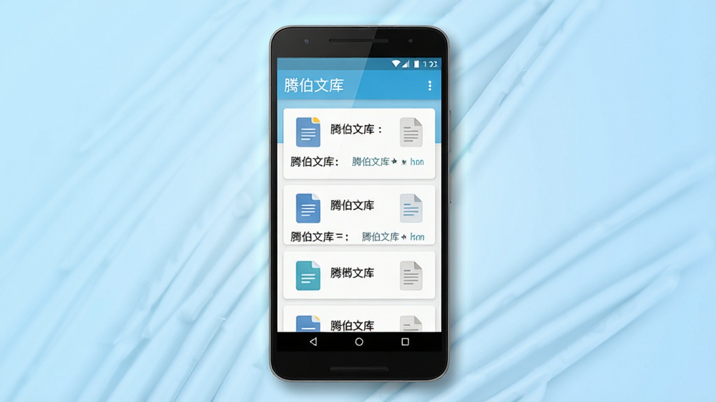 一张展示腾伯文库手机应用主界面的图片,画面中央是一部安卓手机,手机屏幕上显示腾伯文库的文档列表页面,页面中有多份文档卡片整齐排列,包含文档图标和标题文字,背景为浅蓝色渐变,整体风格简洁清新,手机周围有轻微的阴影和光晕效果,画质清晰干净,无多余元素