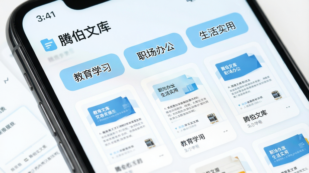 一张展示腾伯文库文档分类页面的图片,画面中是一部手机屏幕特写,屏幕上显示腾伯文库的分类导航栏,包含教育学习、职场办公、生活实用等分类标签,每个分类下方有对应的文档缩略图,整体采用卡片式布局,配色以白色和浅蓝色为主,风格清爽干净,画质高清,无多余元素