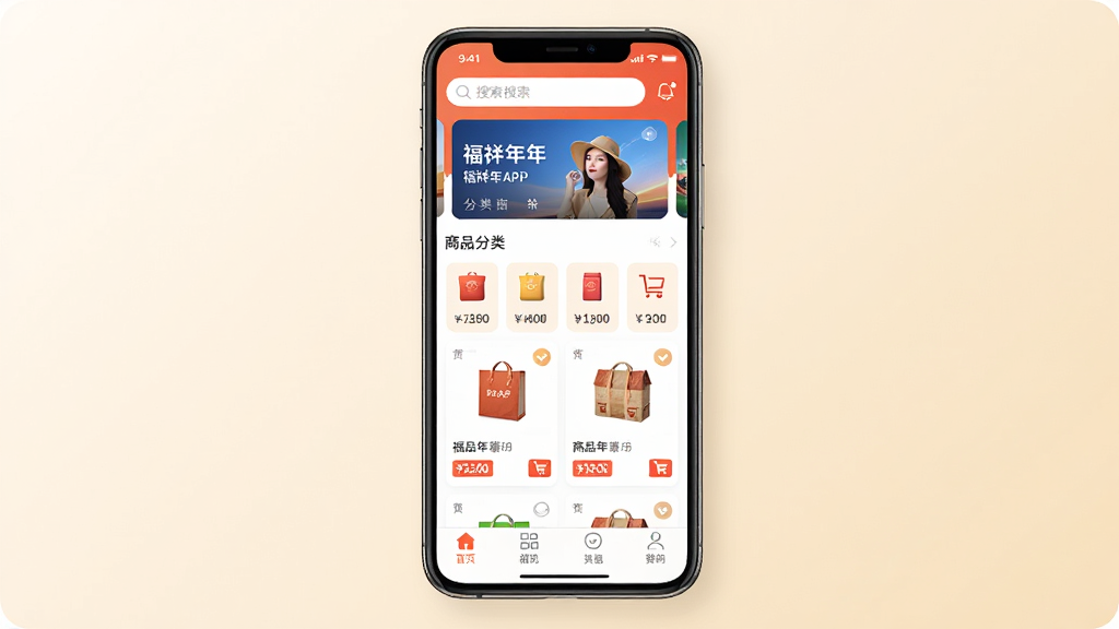 一张手机应用界面展示图,画面中央放置一部智能手机,手机屏幕上显示福祥年APP首页,页面顶部有搜索栏和轮播图,中部为商品分类图标,底部为导航菜单栏,背景为浅米色渐变,风格简洁现代,细节包含商品卡片、价格标签、购物车图标,画质高清,干净,无多余元素