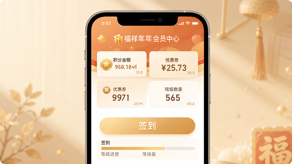 一张福祥年APP会员中心页面的生图,画面为手机屏幕展示会员权益页面,包含积分余额、优惠券数量、签到按钮和等级进度条,背景为柔和暖色调,风格温馨,细节有金色图标和数字展示,画质高清,干净,无多余元素