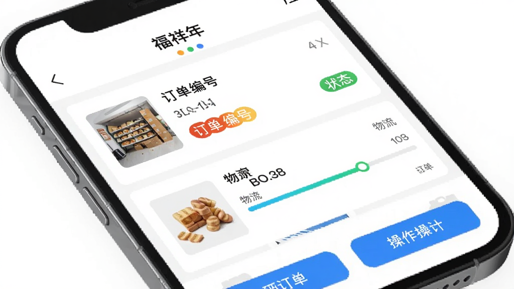 一张福祥年APP订单管理页面的生图,画面为手机屏幕展示订单列表,包含商品缩略图、订单编号、状态标签和物流进度条,背景为白色,风格干净利落,细节有状态颜色区分和操作按钮,画质高清,干净,无多余元素