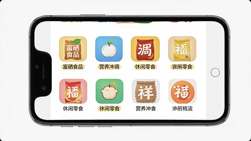 一张福祥年APP分类页面的生图,画面为手机屏幕正面展示,屏幕中呈现多个商品分类图标和列表,包含富硒食品、营养冲调、休闲零食等分类名称,布局整齐,风格明快,细节有彩色图标和文字标签,画质高清,干净,无多余元素
