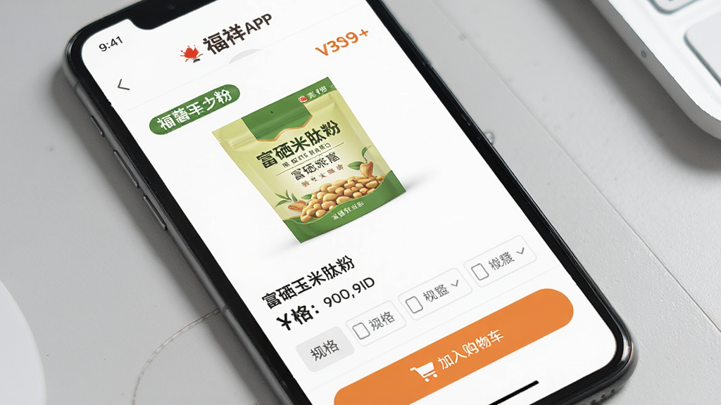 一张福祥年APP商品详情页的生图,画面主体为手机屏幕特写,屏幕中展示富硒玉米肽粉的商品详情,包含产品包装图、价格、规格选项和加入购物车按钮,背景为浅灰色桌面,风格清新简约,细节有产品标签和文字说明,画质高清,干净,无多余元素