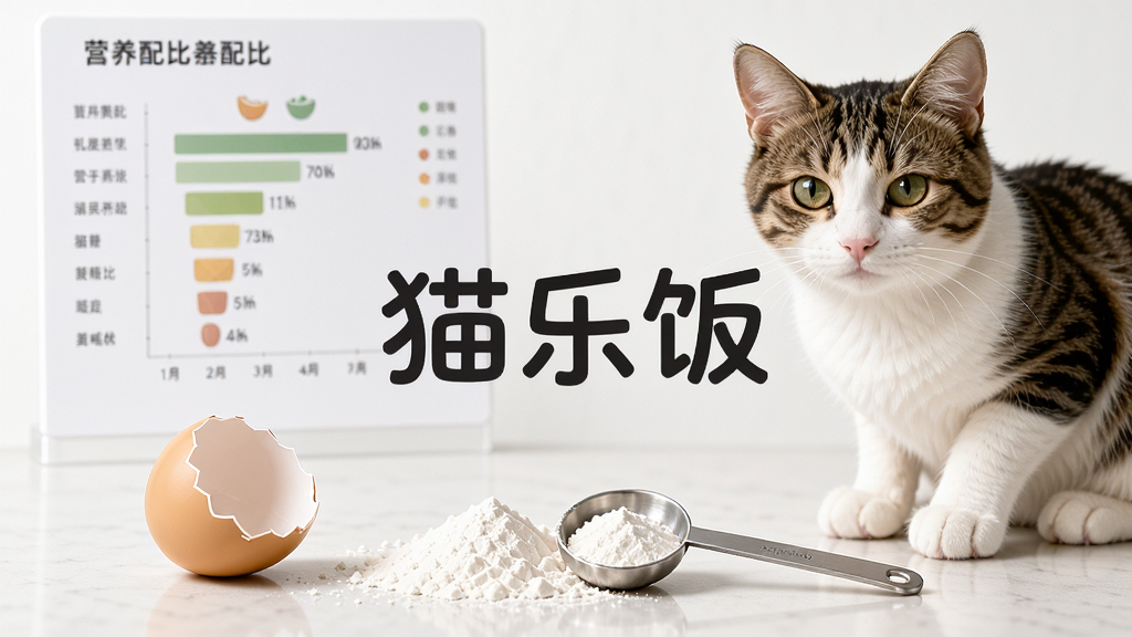 一只猫咪旁边放着蛋壳粉和量勺,背景有营养配比图表,画面中央有「猫乐饭」品牌字样,布局清晰,风格干净专业,细节精准,画质高清,无多余元素