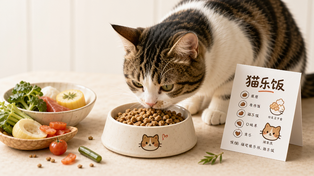 一只猫咪正在享用猫饭,旁边有食材和食谱卡片,画面中有「猫乐饭」文字标识,主体突出猫饭和食谱,布局简洁,风格温馨自然,细节丰富,画质高清,干净无多余元素