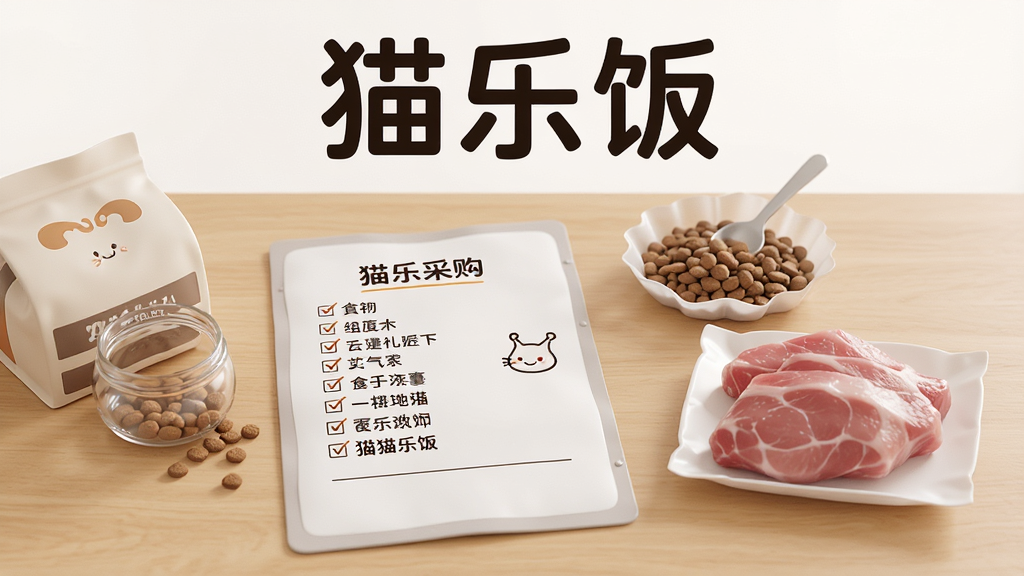 一张食材采购清单放在桌上,旁边有猫粮和新鲜肉类,画面顶部有「猫乐饭」标题,布局整齐,风格简约实用,细节清晰,画质高清,干净无多余元素