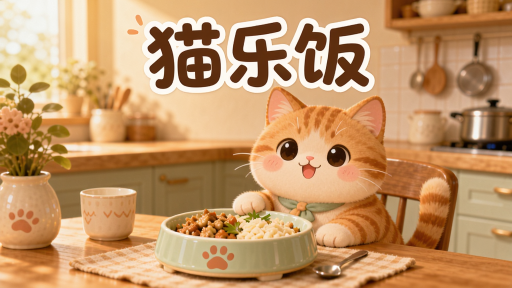 一只可爱的橘猫坐在餐桌前,面前摆放着精致的猫饭餐盘,背景是温馨的厨房环境,暖色调光线,画面中央上方有「猫乐饭」三个字的标题,整体风格清新可爱,适合软件宣传图,画质清晰,干净无多余元素