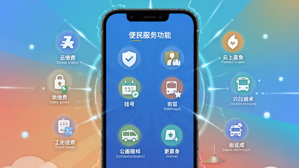 一张表现“云上嘉鱼”便民服务功能的AI生成图,画面主体为手机界面展示缴费、挂号、公交等图标矩阵,布局采用中心辐射式排版,风格为科技感扁平插画,细节包含图标标签、渐变背景和光效点缀,画质高清干净无多余元素。