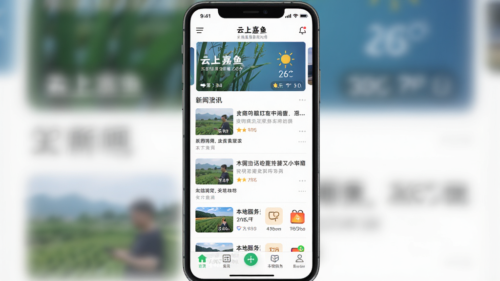 一张手机屏幕展示“云上嘉鱼”APP首页的写实风格数字插画,画面主体为一部竖屏智能手机居中放置,屏幕内清晰呈现新闻资讯列表、顶部轮播图和底部导航栏,布局采用上下分层排版,风格为现代扁平化UI设计,细节包含新闻缩略图、天气组件和本地服务图标,画质高清干净无多余元素。