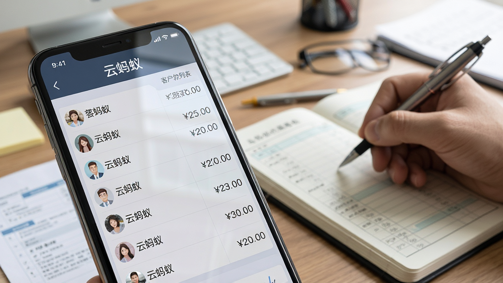 一张手机屏幕特写,显示“云蚂蚁”客户欠款列表页面,页面中有多个客户名称与金额数字,旁边有一只手拿着笔在纸质账本上核对,背景为办公桌面,风格为商务写实风,布局为手机屏幕占画面主体,细节有屏幕反光与桌面文件,画质清晰干净,无多余元素
