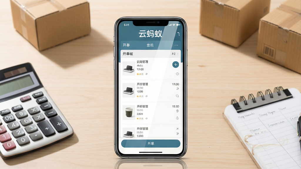 一张展示手机端批发管理软件的界面预览图,画面中央是一部竖屏智能手机,屏幕内显示商品列表与开单收银界面,界面顶部有“云蚂蚁”文字标识,背景为浅色木质桌面,桌面上摆放着计算器、纸箱与记账本,整体布局为居中构图,风格为清爽写实的数码产品展示风,细节包括手机屏幕的高光反射、桌面物件自然投影,画质清晰干净,无多余元素