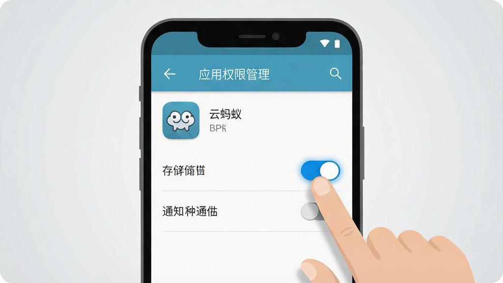 一张安卓手机设置界面截图风格示意图,画面中显示应用权限管理页面,页面内有“云蚂蚁”应用图标与存储、通知权限开关,旁边有一只手正在点击开关,背景为浅灰渐变,风格为扁平化数码教程插图,布局为手机界面居中,细节有开关高亮与图标阴影,画质清晰干净,无多余元素