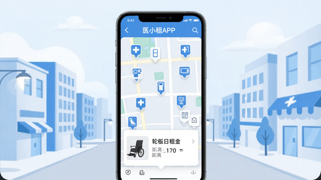 һ��ҽС�⸽���豸���ҹ��ܵĽ���չʾͼ���������ֻ���Ļ��ʾ��ͼģʽ�������ж��ҽ���豸ͼ���ǵ㣬�·������豸��Ƭ��ʾ���������;��롣�����Ǽ��ĳ��н����廭���ɫ��������Ϊ��������ɾ����࣬ͻ��ҽС��APP���ơ�