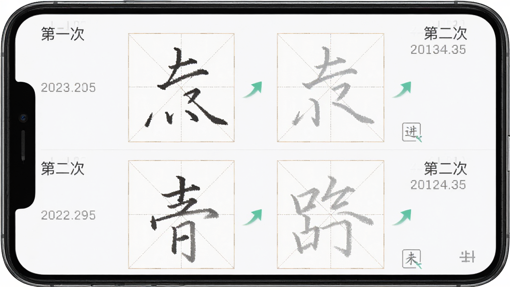 练字临摹软件练习记录与对比界面,主体为手机屏幕显示前后两次书写对比图,布局为上下两栏分别展示“第一次”与“第二次”的田字格书写内容,排版对称工整,风格素雅极简,细节包含日期标签、进步箭头标识、灰色范字底纹,画质高清,干净,无多余元素