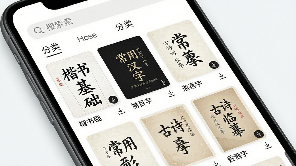 练字临摹软件字帖资源库界面,主体为手机屏幕显示字帖分类列表,布局为顶部搜索栏与分类标签,中部为两列网格排列的字帖封面缩略图,包含“楷书基础”“常用汉字”“古诗词临摹”等字样,排版清晰,风格清新素雅,细节有封面小图和下载图标,画质高清,干净,无多余元素