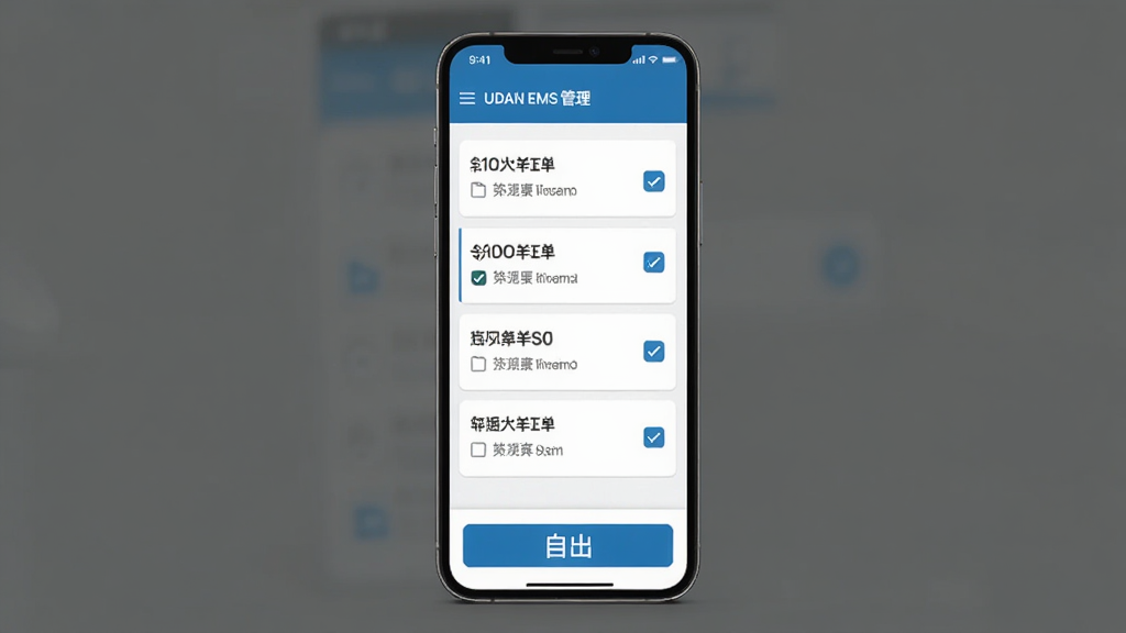 UDAN EMS批量管理界面展示,手机屏幕显示多个运单条目被勾选,底部有导出按钮,界面布局整齐,配色清爽,风格简洁,画质干净,无多余元素