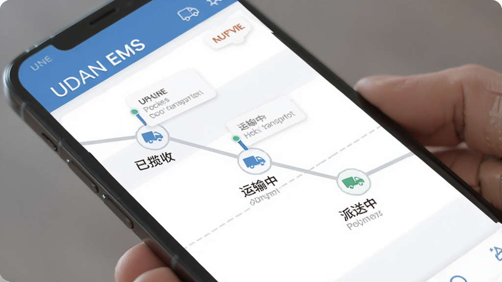 UDAN EMS物流追踪页面展示,手机屏幕上显示包裹运输时间轴,包含已揽收、运输中、派送中等节点,界面设计清晰,风格现代,画质干净,无多余元素