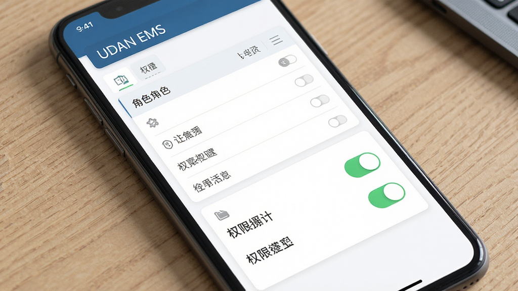 UDAN EMS权限管理界面展示,手机屏幕显示角色列表与权限开关,界面风格商务简约,布局合理,画质清晰,无多余元素