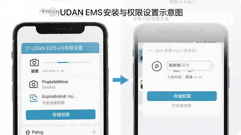 UDAN EMS安装与权限设置示意图,画面展示手机设置界面中开启摄像头和存储权限的步骤,风格简洁明了,细节清晰,画质干净,无多余元素