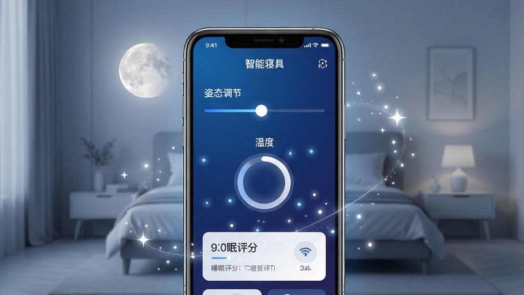一张展示智能寝具App主界面的手机样机图,画面中央是手机屏幕,屏幕内显示深蓝色渐变背景的App控制面板,面板上有床垫姿态调节滑块、温度控制圆环、睡眠评分卡片等元素,手机周围环绕着柔和的月光与星点光效,背景是简约的卧室场景,风格为现代科技感,细节包括手机边框的高光反射与屏幕内的微光粒子,画质清晰,干净,无多余元素,图片中文字为“智能寝具”