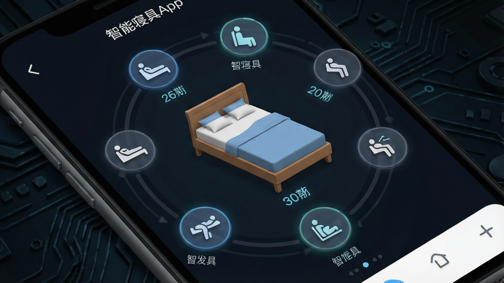 一张展示智能寝具App姿态调节功能的界面截图,画面主体为手机屏幕,屏幕内呈现多个姿态模式图标排列成环形,中央是当前床架角度的3D可视化模型,背景为深色科技纹理,风格为扁平化UI设计,细节包括图标的高光与阴影、角度数值的微光显示,画质清晰,干净,无多余元素,图片中文字为“智能寝具”