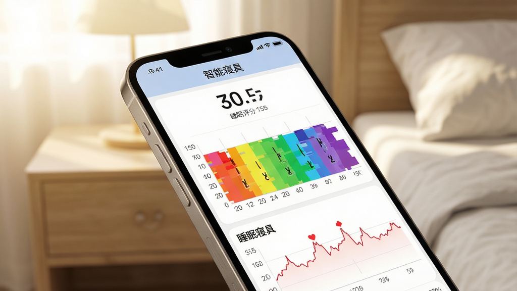一张展示智能寝具App睡眠监测报告的手机界面图,画面中手机屏幕显示彩色睡眠阶段条形图与心率曲线,屏幕上方有睡眠评分数字,背景是床头柜与柔和的晨光,风格为写实生活场景,细节包括屏幕内的数据图表纹理与手机外壳的金属质感,画质清晰,干净,无多余元素,图片中文字为“智能寝具”