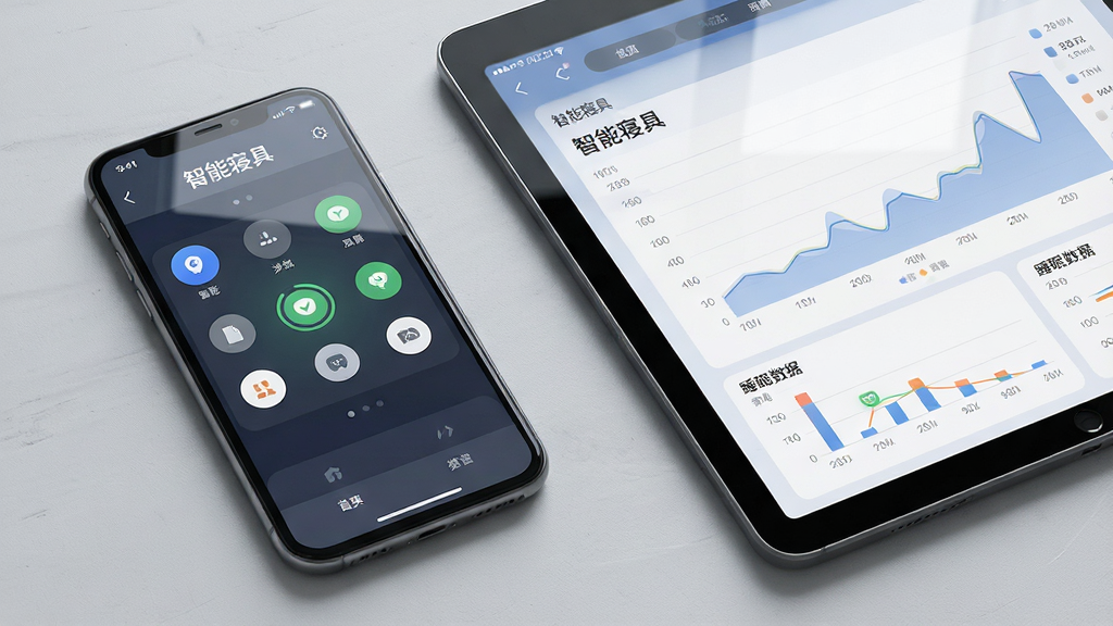 一张展示智能寝具App在手机与平板双端使用的场景图,画面左侧是手机显示控制界面,右侧是平板显示睡眠数据图表,背景为浅灰色桌面,风格为简约商务,细节包括设备屏幕的细微反光与桌面纹理,画质清晰,干净,无多余元素,图片中文字为“智能寝具”