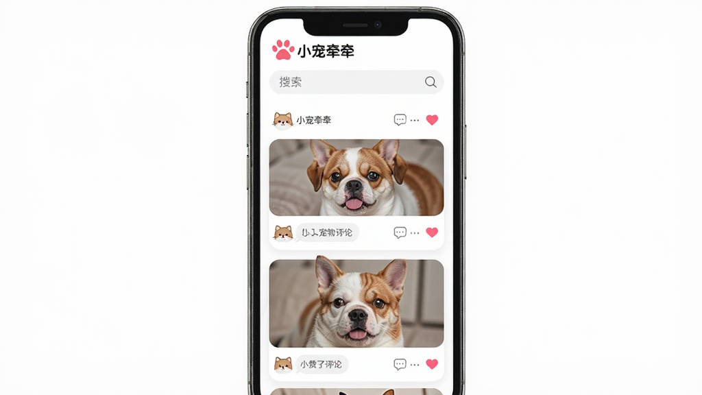 主体是手机屏幕展示宠物社交动态信息流,布局为竖版手机界面居中展示,排版上顶部有“小宠牵牵”Logo和搜索栏,中间是宠物图片卡片和点赞评论图标,风格为现代简洁的UI界面设计,细节包括可爱的猫狗头像、爱心图标和评论气泡,画质高清干净无多余元素
