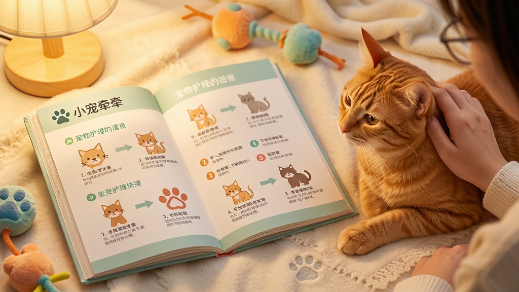 主体是一本翻开的宠物护理手册和一只正在被主人抚摸的橘猫,布局为手册在左猫咪在右的平衡构图,排版上手册页面显示“小宠牵牵”标志和图文并茂的护理步骤,风格为写实温馨的摄影风,细节包括暖色调灯光、柔软的毛毯和宠物玩具,画质高清干净无多余元素