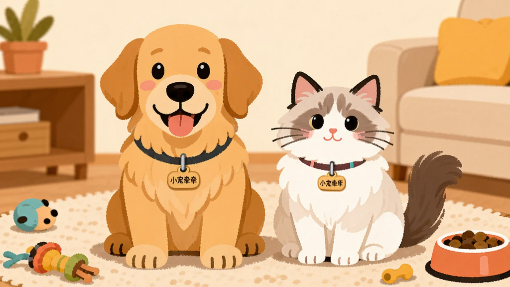 主体是一只可爱的金毛犬和一只布偶猫并排坐在温馨的客厅地毯上,布局为左右对称构图,排版上宠物位于画面中央偏下,风格为温暖治愈的扁平插画风,细节包括宠物脖子上挂着带有“小宠牵牵”字样的吊牌、周围散落着宠物玩具和食盆,画质高清干净无多余元素