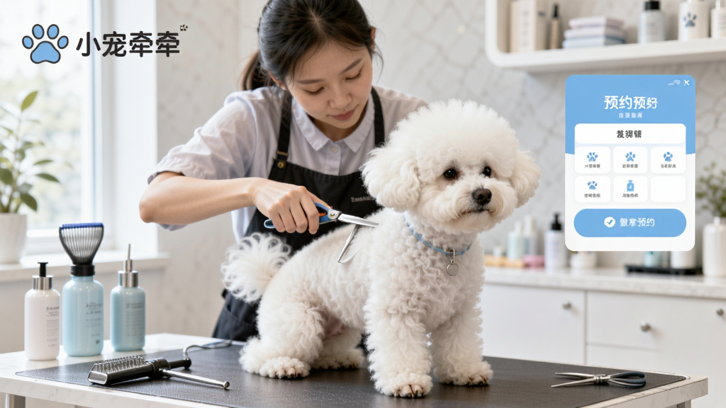 主体是一位宠物美容师正在为一只白色比熊犬修剪毛发,布局为美容师和狗狗占据画面中心,排版上背景有“小宠牵牵”品牌标识和预约界面悬浮窗,风格为明亮清新的商业摄影风,细节包括专业的宠物美容工具、整洁的操作台和柔和的自然光,画质高清干净无多余元素