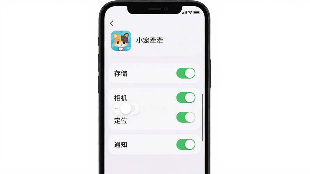 主体是一部智能手机屏幕显示小宠牵牵的权限设置界面,布局为手机居中竖放,排版上界面包含存储、相机、定位、通知四个权限开关,风格为扁平化UI设计,细节包括“小宠牵牵”应用图标和绿色开启状态按钮,画质高清干净无多余元素
