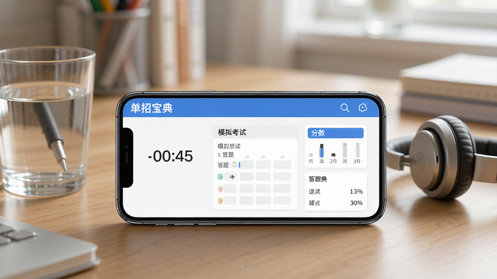 一张展示单招宝典模拟考试功能的预览图,画面中一部手机横屏放置在桌面上,屏幕显示“单招宝典”模拟考试界面,有倒计时、答题卡和分数统计区域,手机旁边放着一杯水和一副耳机,背景是柔和的书桌场景,风格写实教育风,细节丰富,画质清晰,干净无多余元素