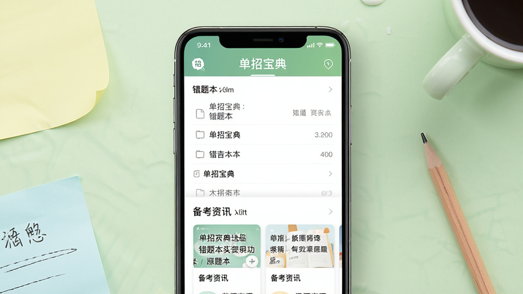 一张展示单招宝典错题本与资讯功能的预览图,画面中一部手机竖直放置,屏幕上半部分显示“单招宝典”错题本列表,下半部分显示备考资讯卡片,手机背景是淡绿色学习氛围,周围有便签和铅笔,风格简洁清新,细节清楚,画质干净,无多余元素